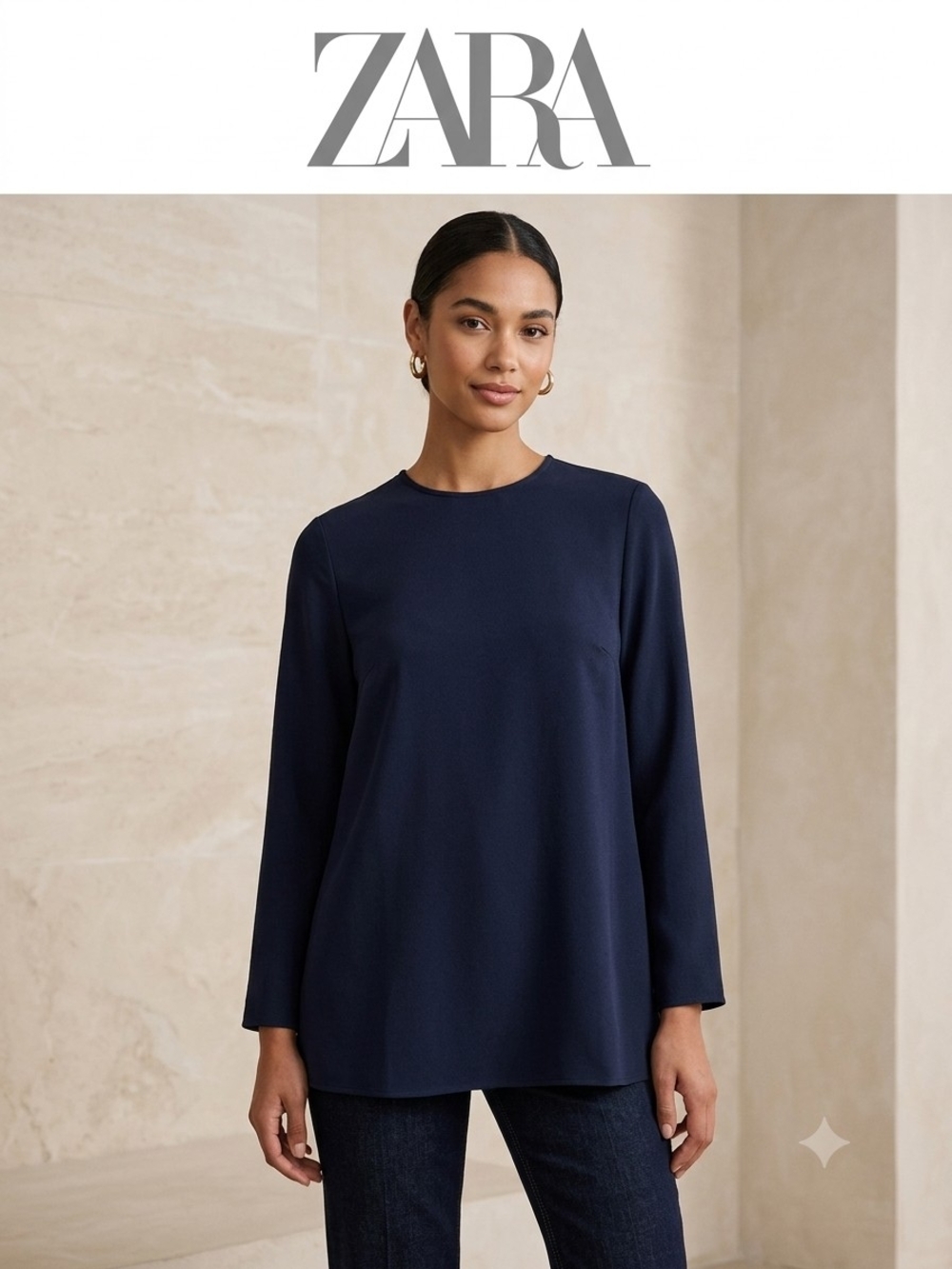 Zara Dark Navy Long-Sleeve Crewneck Top Ptp 18" Long 27"